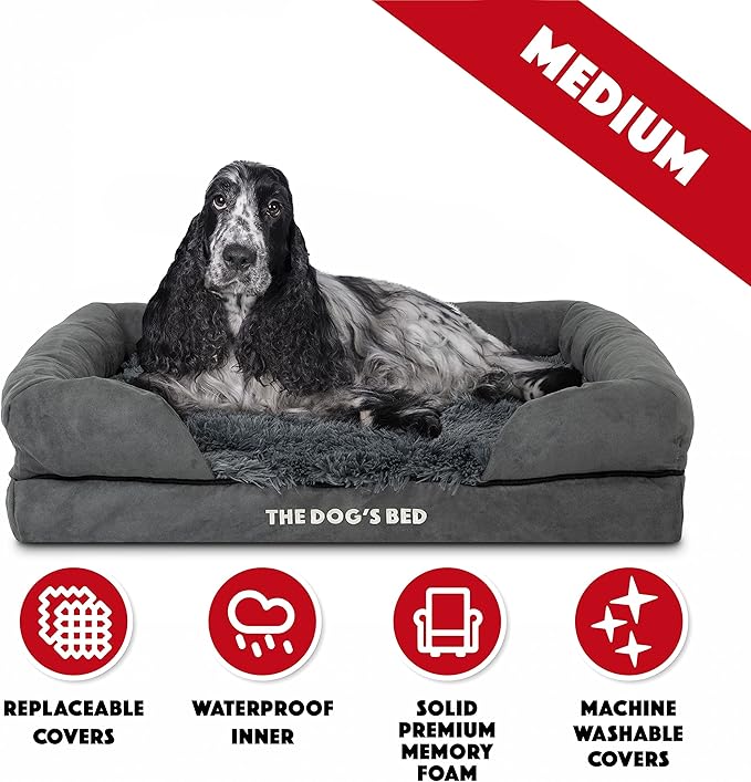 The Dog’s Bed, Medium Grey Faux Fur, Memory Foam, Pain Relief: Arthritis, Hip & Elbow Dysplasia, Post Surgery, Lameness, Supportive, Calming, Washable Cover