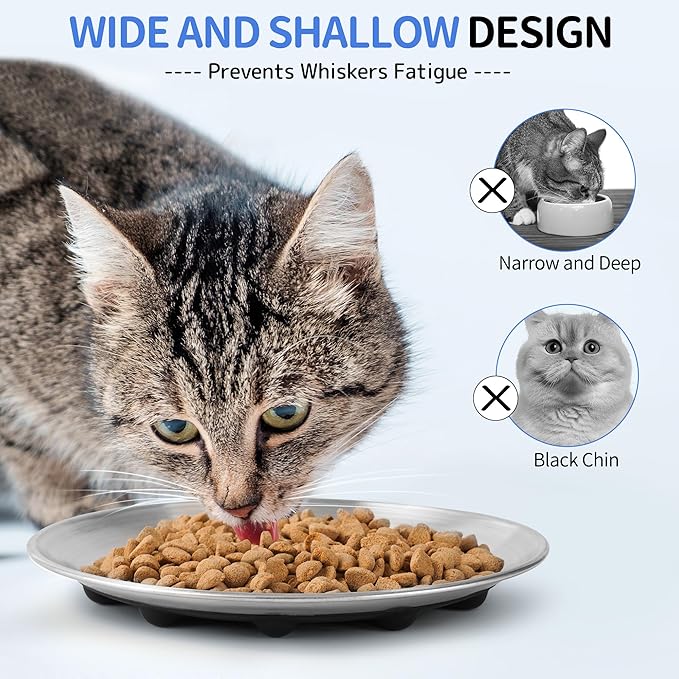 304 Stainless Steel Cat Plates for Wet food, 6.7" Shallow/Wide Whisker Friendly Cats Food Bowls, Non-Slip Silicone Base,Easy to Clean Indoor Cat Feeding Dishes, 3 Pack