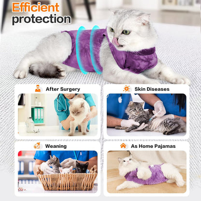 Purrfect Recovery Suit for Cats - Abdominal Wound Protection, Cone Alternative, Purple L