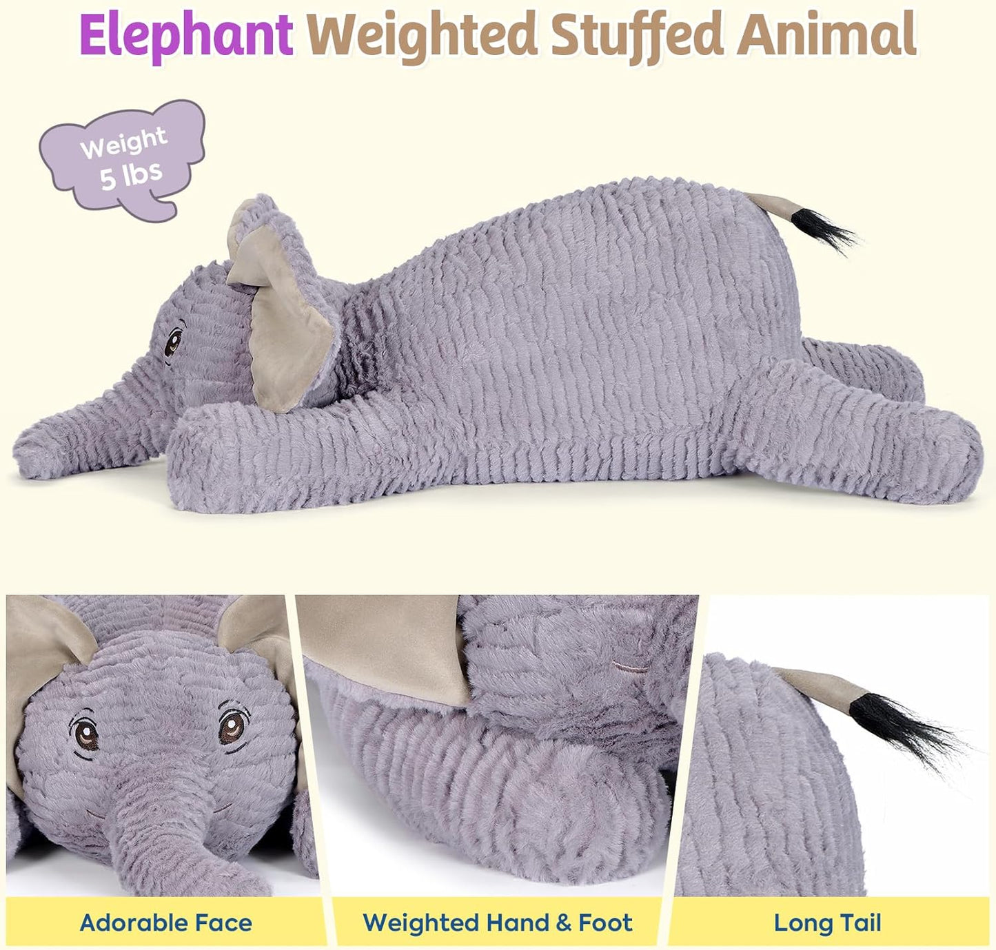 PEACH CAT 25.6 inch 5 lbs Elephant Weighted Stuffed Animals Realistic Elephant Plush Large Plushies Toys Body Pillow Gifts for Kids Adults