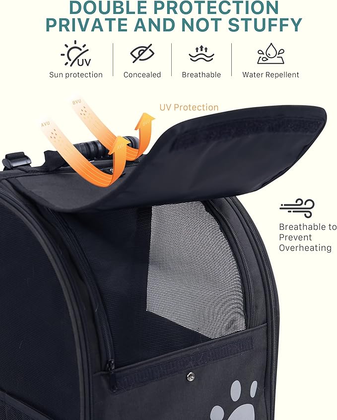 Cat Backpack Carrier with Comfort Handle, Ventilated Cat Backpack with Reflective Strips, Foldable Cat Carrying Backpack for Cats up to 17 lbs and Small Dogs up to 13 lbs(Black).