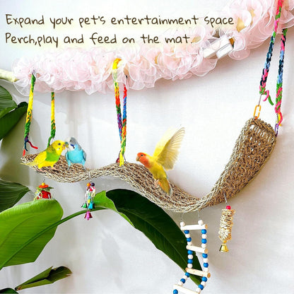 Bird Seagrass Mat 39.4×7" Natural Grass Woven Net Hammock Hanging on Parrot Cage with Hooks Parakeet Climbing Rope Ladder Chew Toys for Lovebird Cockatiel Conure Budgie Cockatoo Supplies