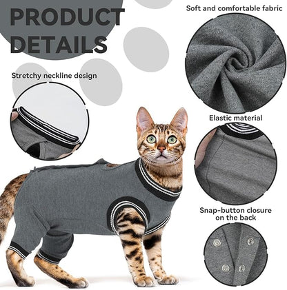 T'CHAQUE Cat Clothes Surgery Recovery Suit for Female Male, Cat Onesie Pet Surgical Pajamas Hind Legs Long Sleeve, Abdominal Wound Skin Diseases, E-Collar Alternative, Spay Recovery Suit (Gray-M)