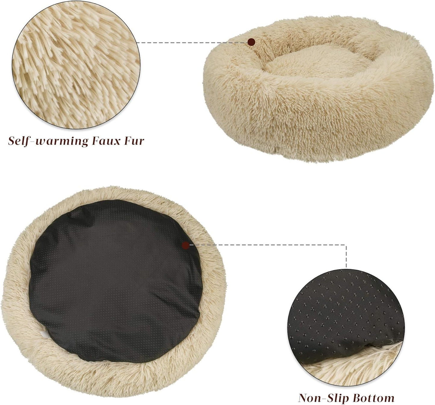 Calming Cat Bed - Anti Anxiety Round Fluffy Plush Faux Fur, Washable 23 inches Small Dog & Cat Bed