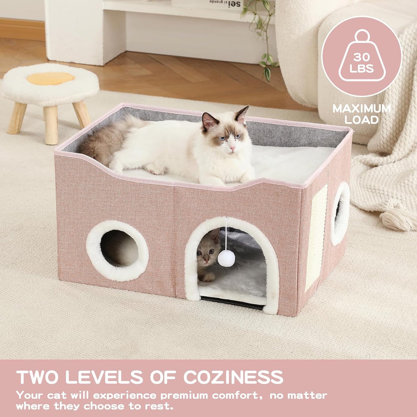 Large Cat Bed for Indoor Cats, Extra Wide Cat Cave House with Scratch Pad and Fluffy Ball, Foldable Cat Hideaway for Kitten Bed, Cat Condo for Cats (Pink, X-Large)