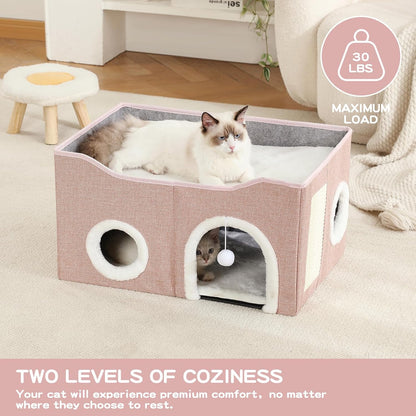 Large Cat Bed for Indoor Cats, Extra Wide Cat Cave House with Scratch Pad and Fluffy Ball, Foldable Cat Hideaway for Kitten Bed, Cat Condo for Cats (Pink, X-Large)