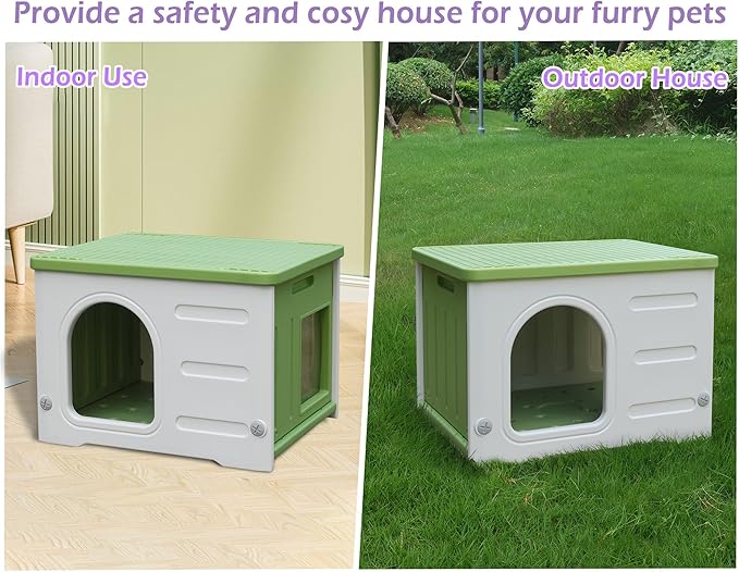Waterproof Cat House for Outdoor Cats, Plastic Feral Cat House with Escape Door and Soft Mat, Large Indoor Cat House for Mutiple Cats - Green