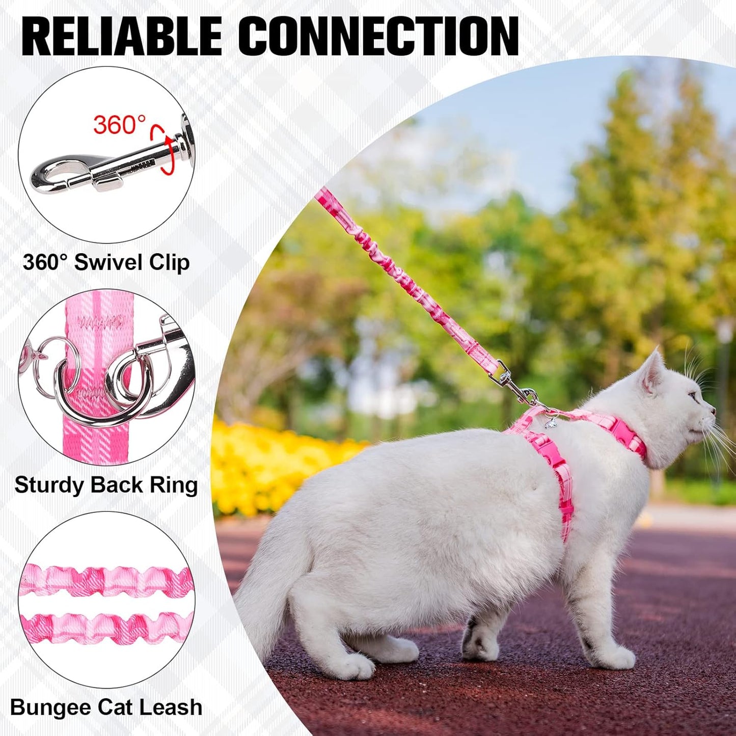 BEAUTYZOO Cat Harness and Leash Set Escape Proof for Walking, Kitten Soft Adjustable Vest Harnesses for Small Medium Large Cats, Easy Control Breathable Plaid Ribbon Nylon for Outdoor Indoor Use