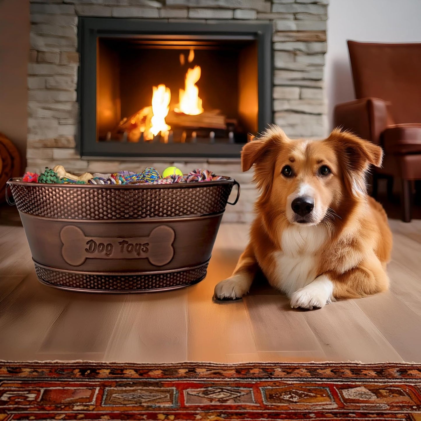 BREKX Indestructible Metal Dog Toy Bin - Copper Galvanized Storage Bin with Handles, Pet Storage Organizer - Ropes, Blankets, & Leashes, Bone Design Pet Toy Box (15-Quart)