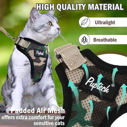 PUPTECK Cat Harness and Leash Set Escape Proof for Walking, Breathable Mash Vest Adjustable Harness for Cats Puppy Small Animals, Reflective at Night, Camouflage Medium