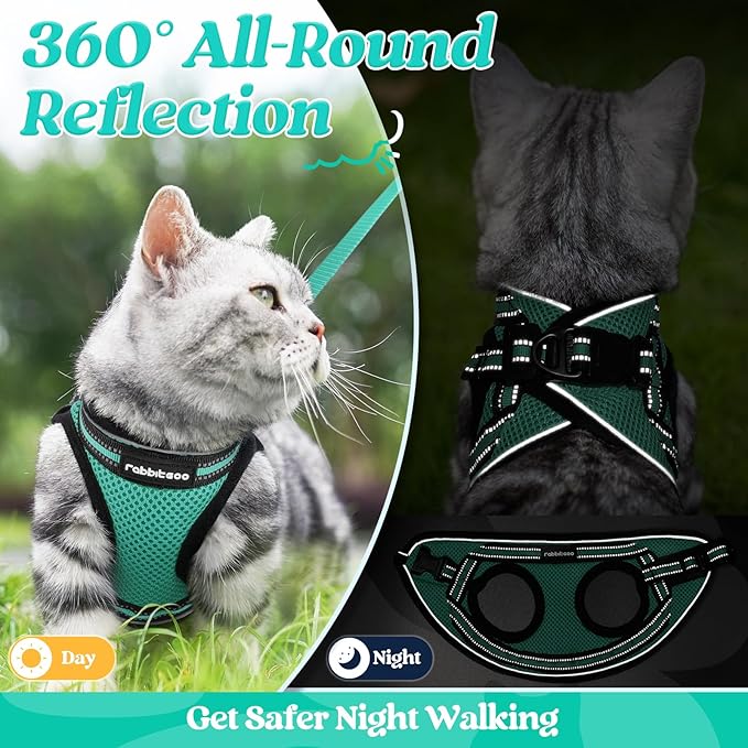 rabbitgoo Cat Harness and Leash Set for Walking Escape Proof, Adjustable Soft Kittens Vest with Reflective Strip for Cats, Comfortable Outdoor Vest,Green,M