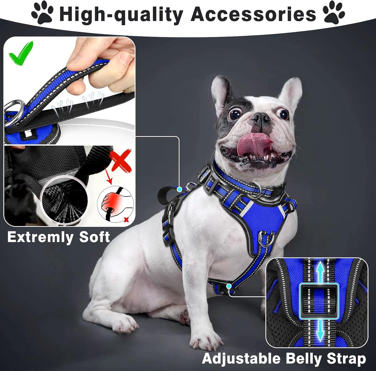 WINSEE Pet Harness Collar and Leash Set, All-in-one Reflective Dog Harness No Pull with Adjustable Buckles for Puppies, Small, Medium, Large, and Extra-Large Dogs (Large, Dark Blue)