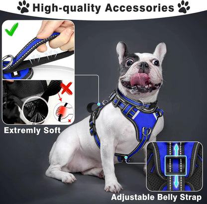 WINSEE Pet Harness Collar and Leash Set, All-in-one Reflective Dog Harness No Pull with Adjustable Buckles for Puppies, Small, Medium, Large, and Extra-Large Dogs (Large, Dark Blue)