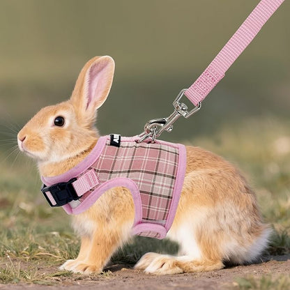 AIITLE Breathable Rabbit Harness and Leash Set - Plaid Pattern Padded Vest with Magic Tape Design, Dual D-Rings, Adjustable for Small Animal Pets, Indoor Outdoor Training Camping, Pink M