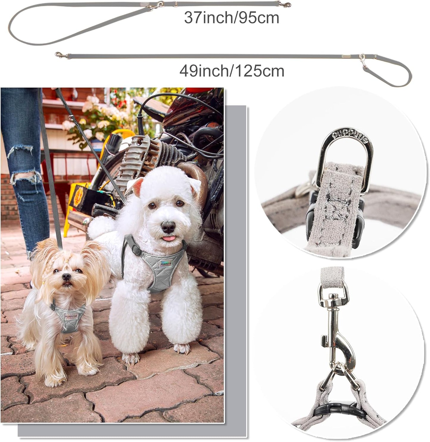 Puppytie No Pull xs Dog Harness with Multifunction Dog Leash,Soft Adjustable No Choke Escape Proof Pet Harness Vest,Glossy Grey,XXS