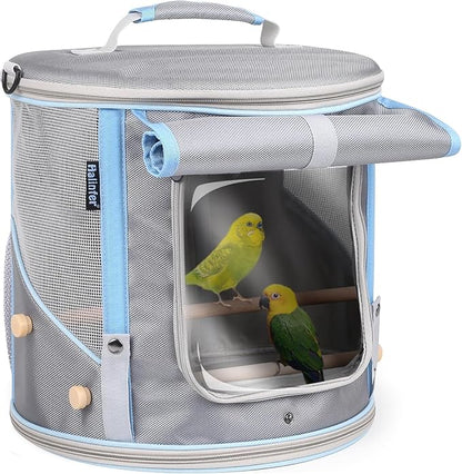Bird Travel Carrier Cage for Small to Medium Size, Portable Parrot Parakeet Cockatile Conure Transport Cage with Clear Window and Fabric Shade, Round Carry Bird Bag