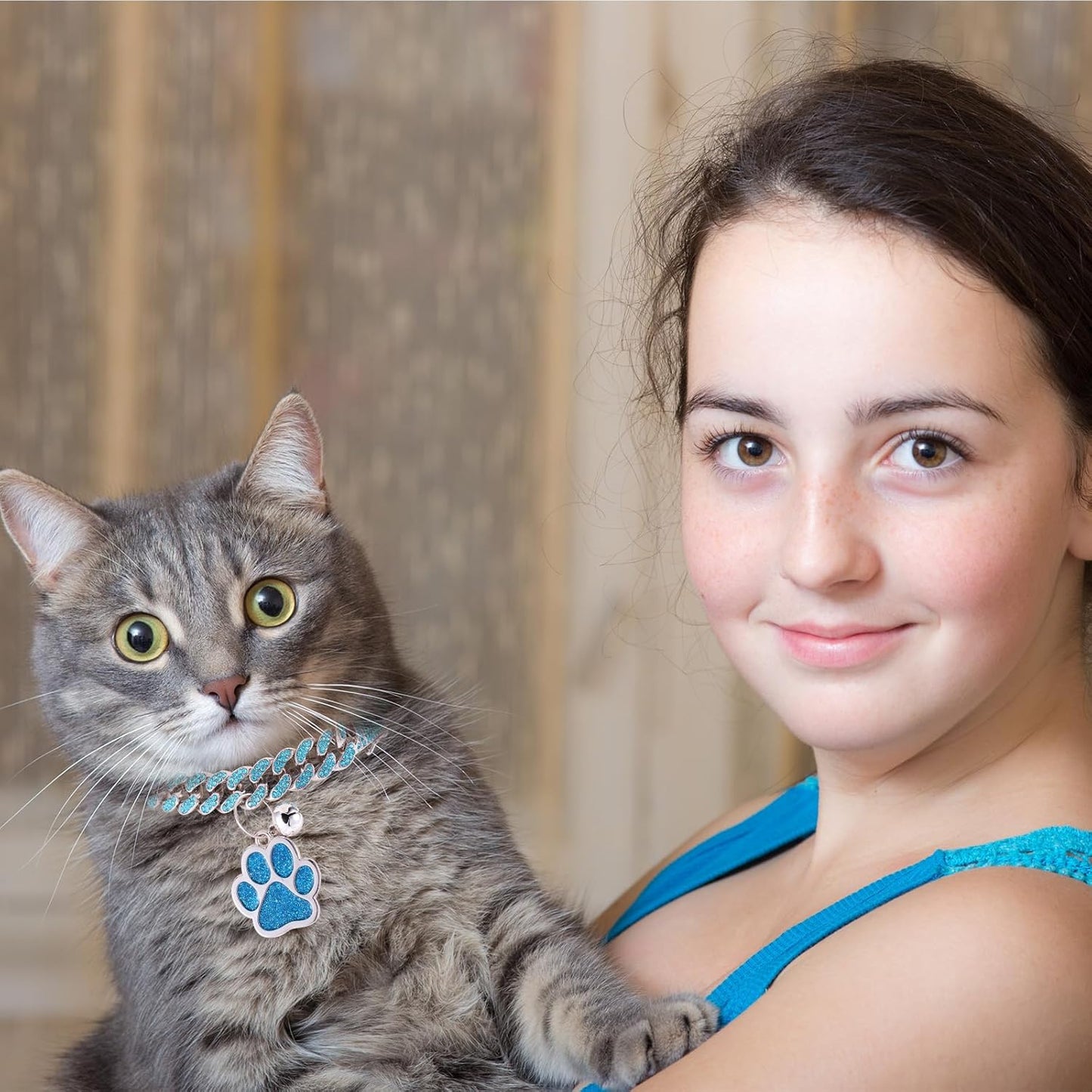 Hillban Cat Collar Diamond Chain Glitter Collar Walking Metal with Secure Buckle Cat Pet Necklace with Paw Charm and ID Tag Bell Link Cuban Jewelry Accessories(8 Inch,Silver,Lake Blue)