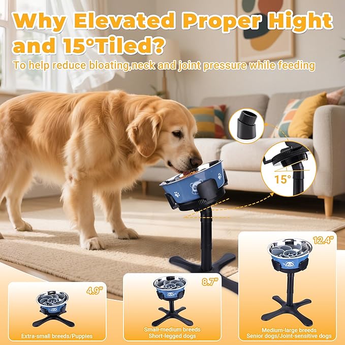 Elevated Slow Feeder Dog Bowl Adjustable Stand,Tilted ABS Base,Fits 5.5-9.5" Bowls, Anti-Spill & Non-Slip, Heavy Duty for Med/Large Dogs(with Stainless Steel Bowls 1 Pack)
