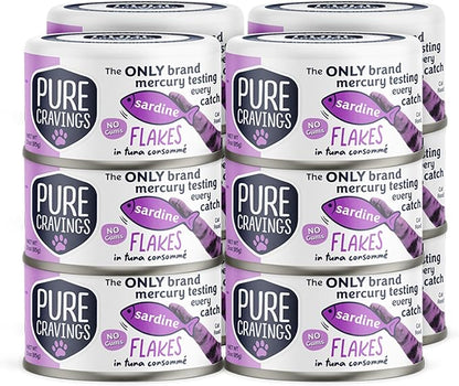Pure Cravings Sardine Flakes in Tuna Consommé, Canned Wet Cat Food Soup, 100% Mercury-Tested, Moist Can Fish, Grain-Free Protein, Non-GMO, 3oz, Pack of 12