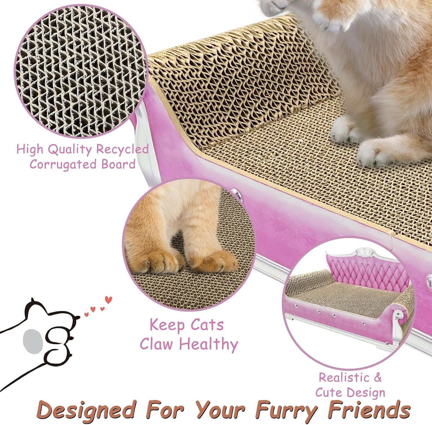 Luxury Cardboard Cat Scratcher Sofa Bed, Couch Shaped Scratching Board with Catnip, Scratcher for Indoor Cats, Large Pink