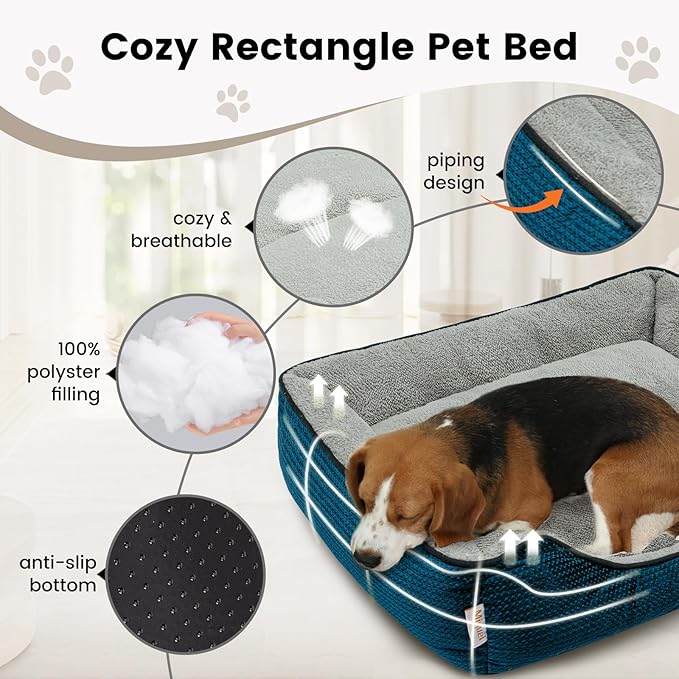 Miguel Dog Bed with Removable Cushion/Pillow for Medium Small Dogs, Washable Pet Bed with Side Easy to Wash Puppy Bed, Large Rectangle Cat Bed for Indoor Cat with Anti-Slip Bottom, Blue 25 Inch