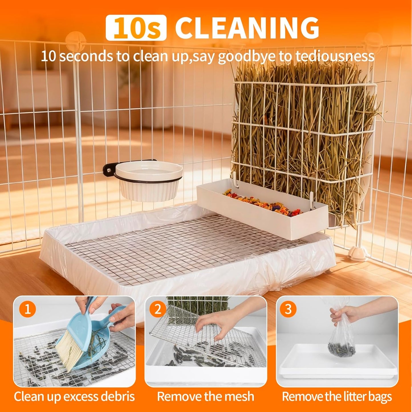 3 in 1 Rabbit Hay Feeder with Litter Box,Upgraded Metal Hay Rack & Litter Tray & Water Bowl,Quick Cleaning,Easy to Install,Bunny Supplies for Rabbit Guinea Pig Chinchilla Small Animals