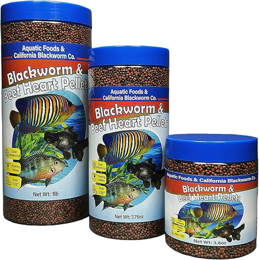Aquatic Foods Inc. 1mm -1/32" California Blackworm & Beef Heart Floating Pellets for Marines, Cichlids, Tropical Fish, Koi & Pond Fish, 4-Type Wafer & 12-Type Pellet Mix Included...1-lb Canister