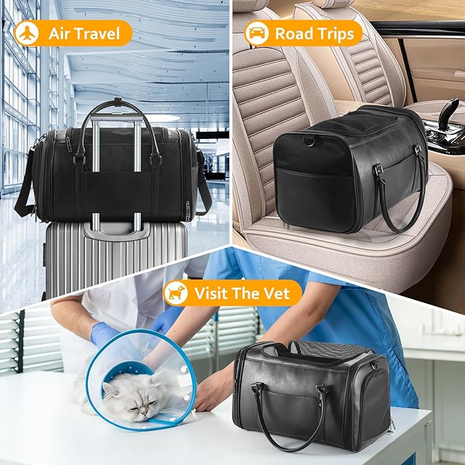 Stylish Leather Pet Carrier for Small Dogs and Cats Up to 15 lbs, Airline Approved Lightweight Travel Tote with Breathable Mesh and Shoulder Strap Black