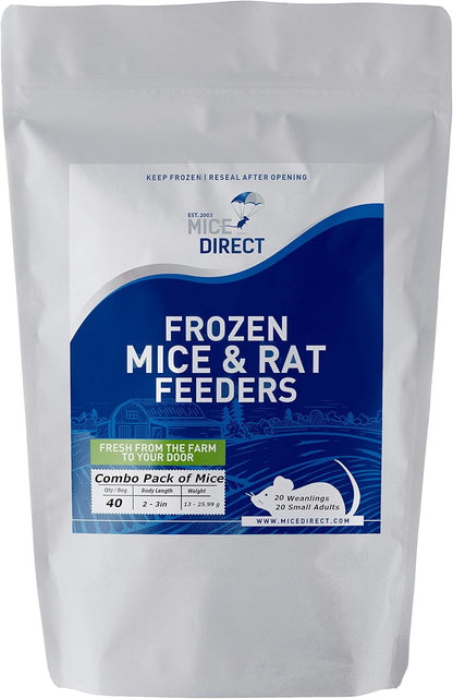 MiceDirect 40 Frozen Mice Combo Pack of 20 Weanlings and 20 Small Adult Feeders Snake Food for Mice for Adult Sand Boa Corn Milk Snakes (2-3 in)(Pack of 40)(640 Grams Min)
