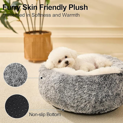 Calming Dog Beds & Cat Cave Bed with Hooded Cover,Removable Washable Round Beds for Small Medium Pets,Anti-Slip Faux Fur Fluffy Coved Bed for Improved Sleep,Fits up to 15/25 lbs(Grey,M)