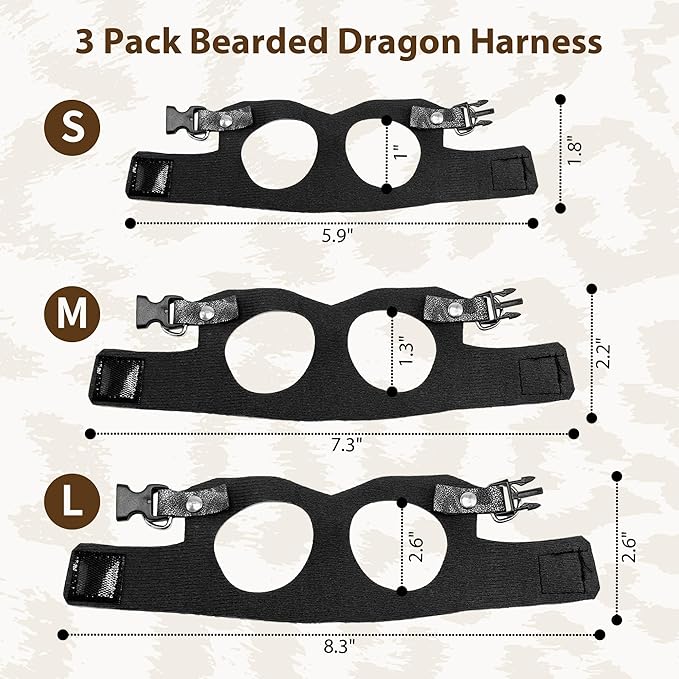 AIITLE 3 Pack Adjustable Bearded Dragon Harness and Leash Set - Leopard Print, Comfort Soft Leather Vest for Lizards, Iguanas, Guinea Pigs, Outdoor Walking & Camping, Grey