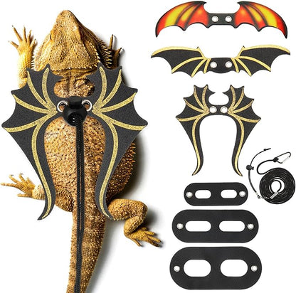 Bearded Dragon Leash and Harness Set 3 Size Pack Adjustable Cool Leather Lizard Leash with Dinosaur Wings for Reptile Safety Walking Accessories, Black