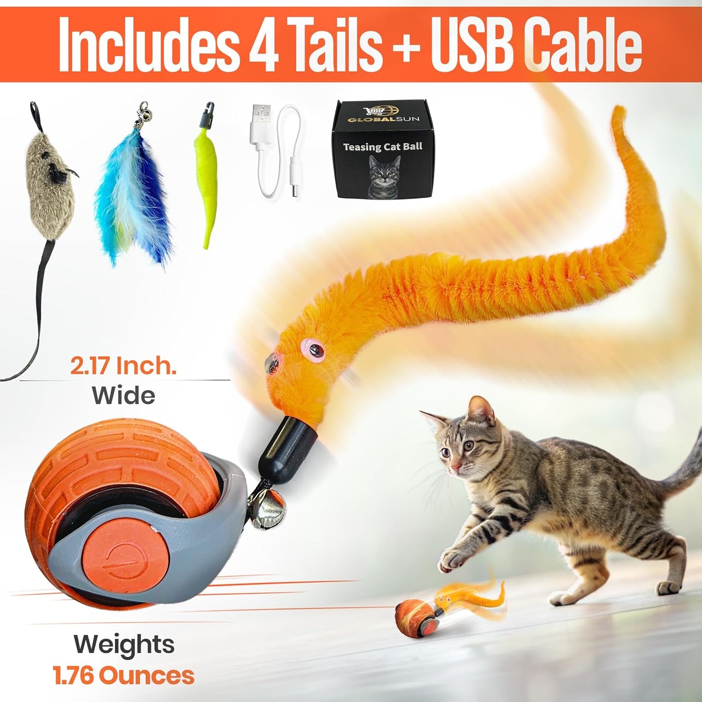 Motion Activated Self-Moving Cat Toy Ball – GlobalSun Speedy Tail 2.0 Automatic Rolling Ball Cat Toy with Mouse & Feather Tails, USB Rechargeable Interactive Toy for Indoor Cats
