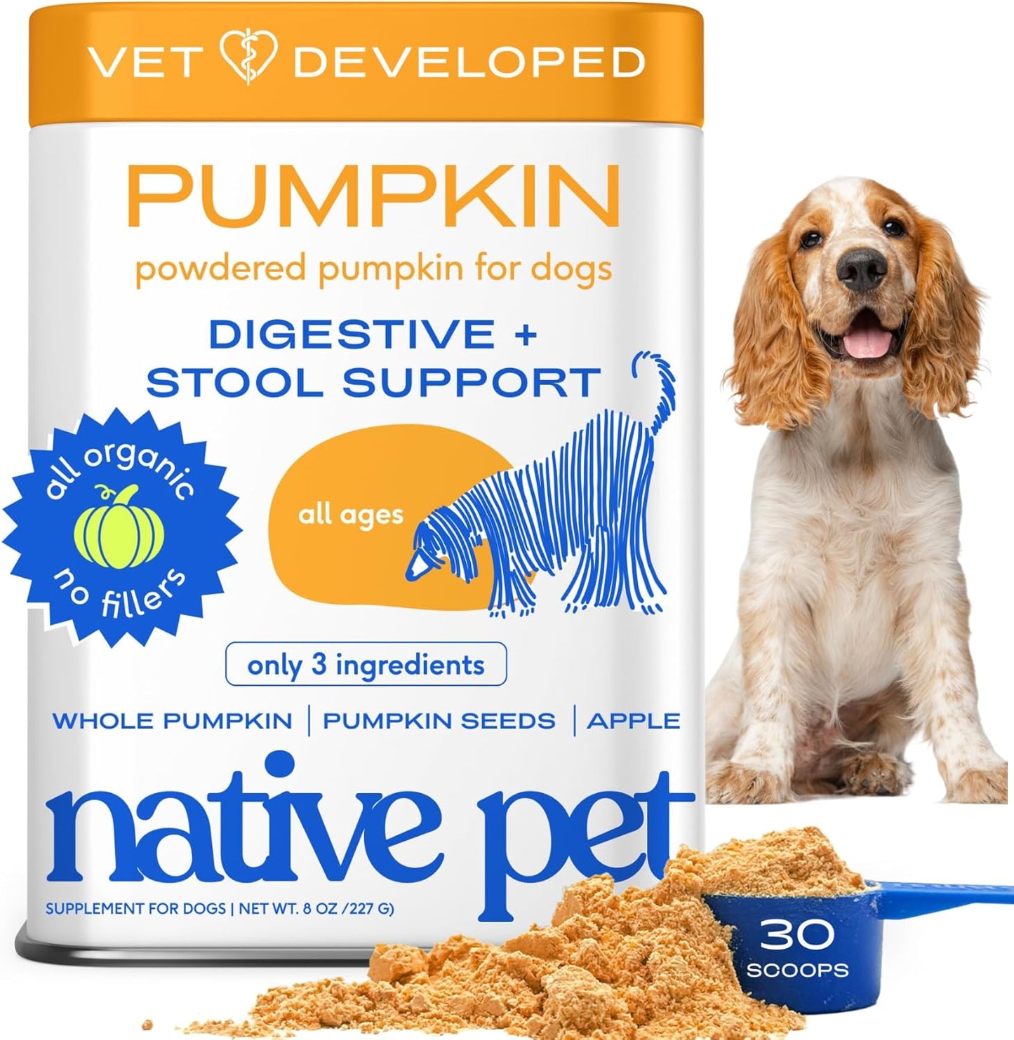 Native Pet Pumpkin for Dogs - Organic Powder Pumpkin Puree Dog Food Toppers -Rich in Fiber Supplement Powder Helps with Digestion, Nutrient Absorption, Diarrhea, Constipation & Upset Stomach-30 Scoops