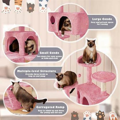 Yaheetech 54in Cat Tree Tower, Multi-Level Cat Tree for Indoor Cats with Scratching Posts, Dangling Balls Cat Play House, Pink