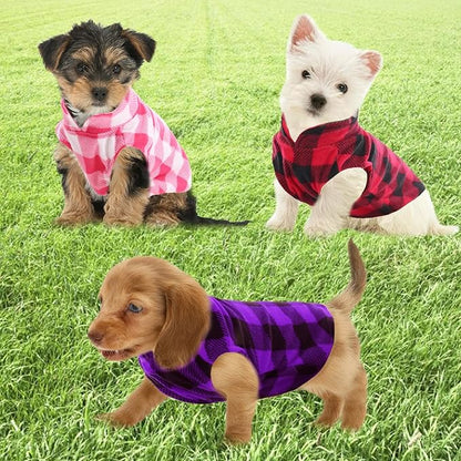 Kama Bridal 3 Pack Dog Coat - Spring, Autumn, Winter - Fleece Vest for Cats & Small/Medium Dogs - Red, Pink, Purple Plaid (S)