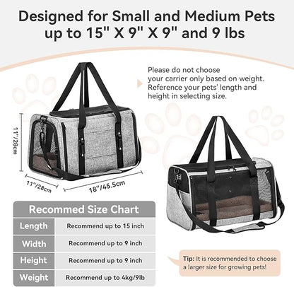 PETSFIT Cat Car Carrier for Small/Medium Cats Dogs, 18"x11"x11" Airline Approved Cat Carrier, with Patent Safety Buckles and Escape-Proof Zipper - Safeguarding Car Travel, Airplane, Vet, Outdoor