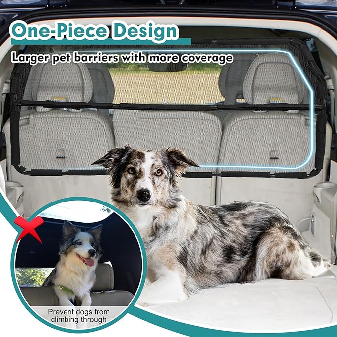 Dog Car Barrier Escape-Proof, 46" Wide Car Divider for 3rd Row Seats & Cargo Area, Durable Cargo Area Dog Car Gate Trunk Barrier with See Through Net Mesh for Small Sized SUV & Vehicles Or Hatchback
