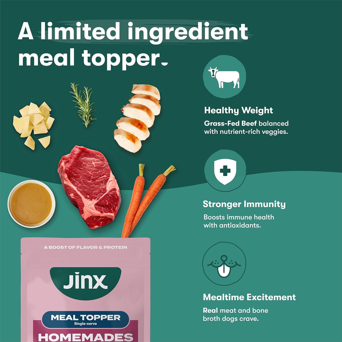 Jinx Beef Wet Dog Food Pouches, Meal or Dog Food Topper Mix-in, Made with Real Beef & Chicken, Bone Broth, No Fillers - Puppy, Adult, Senior, 3oz, 8 Pack