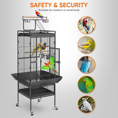 ZENY 61-inch Playtop Parrot Bird Cages, Wrought Iron Large Birdcage with Rolling Stand for Parakeet Cockatiels Quaker Conure Lovebird Finch Canary Small Medium Parrot Cage Birdcage (Black)