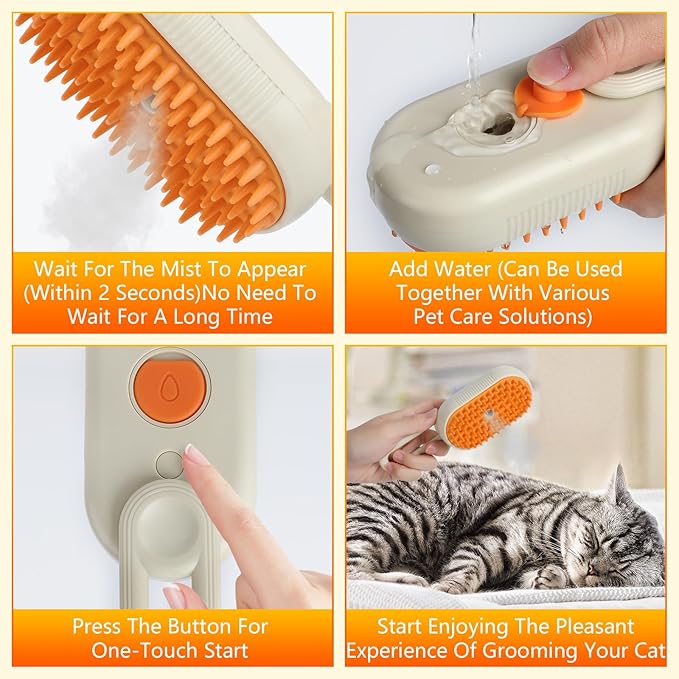 4-in-1 Cat Grooming Steam Brush, Pet Hair Shedding, Massage, Cleaning, Combing (white)