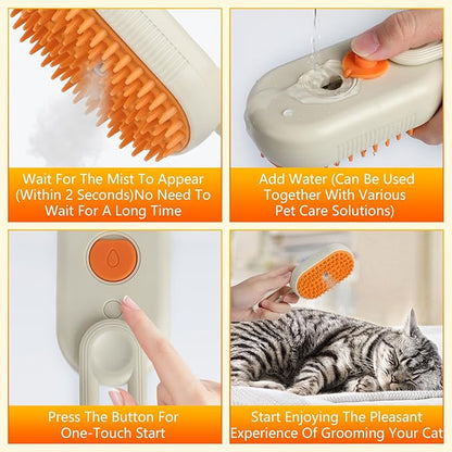 4-in-1 Cat Grooming Steam Brush, Pet Hair Shedding, Massage, Cleaning, Combing (brown)