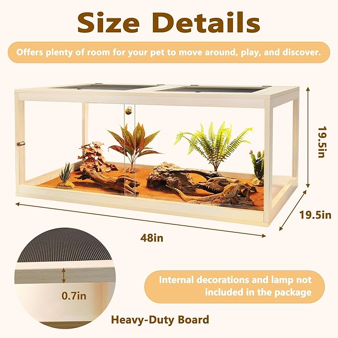 Prolee 81 Gallon Reptile Terrarium Tank 48 Inch Lizard Tank Bearded Dragon Tank with Metal Mesh Roof Door, Snake Tank with Lock Design, 48" Length