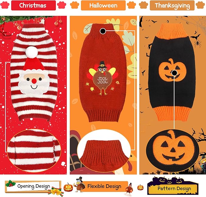 Sanwuta 3 Pieces Halloween Thanksgiving Christmas Dog Sweaters Sets Pumpkin Turkey Santa Puppy Dog Clothes Pet Knitwear for Dog Cat Pet Costume(Large)
