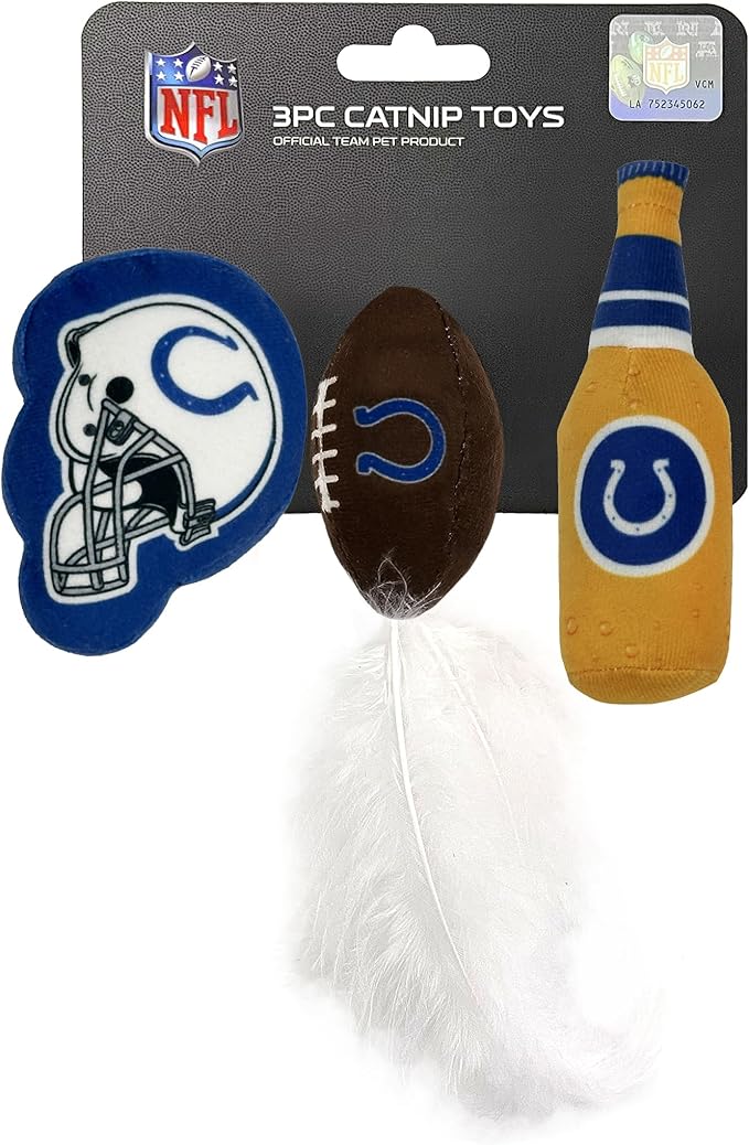 Pets First Best Plush CAT Toy - NFL Indianapolis Colts Complete Set of 3 Piece Cat Toys Filled with Fresh Catnip. Includes: 1 Helmet Cat Toy, 1 Football Cat Toy with Feathers & 1 Beer Bottle