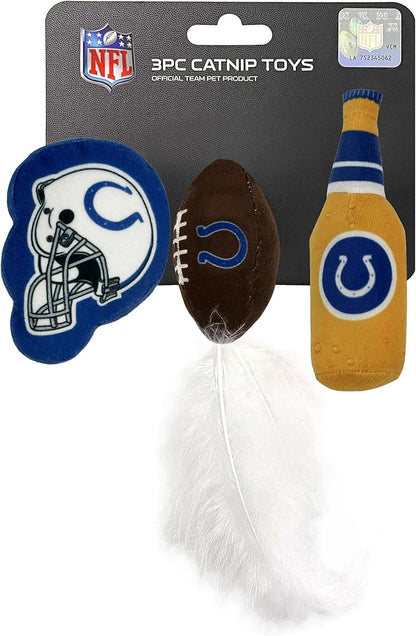 Pets First Best Plush CAT Toy - NFL Indianapolis Colts Complete Set of 3 Piece Cat Toys Filled with Fresh Catnip. Includes: 1 Helmet Cat Toy, 1 Football Cat Toy with Feathers & 1 Beer Bottle
