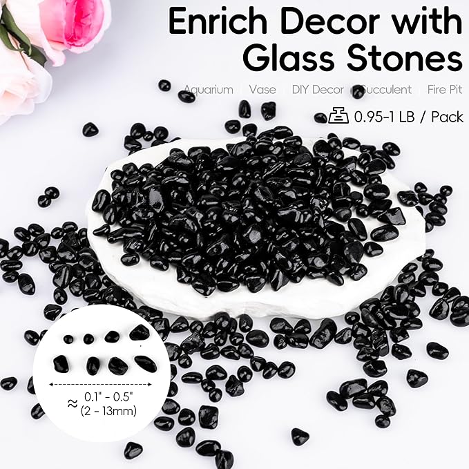Meschett Colorful Glass Stones, 1 LB Fish Tank Gravel, Small Irregular Rainbow Aquarium Gravel for Aquarium Decorations and Turtle Tank, Sea Glass Beads Crystals for Fish Bowl, Vase Filler,Black