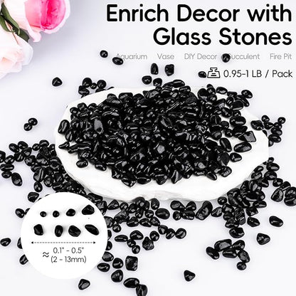 Meschett Colorful Glass Stones, 1 LB Fish Tank Gravel, Small Irregular Rainbow Aquarium Gravel for Aquarium Decorations and Turtle Tank, Sea Glass Beads Crystals for Fish Bowl, Vase Filler,Black