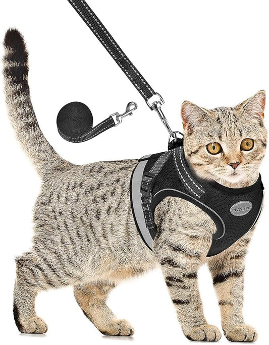Cat Harness and Leash for Walking, Kitten Escape Proof Harnesses, Adjustable Reflective Puppy Harness with Leashes Set, Easy Adjustable Soft net Breathable Pet Safety Vest Black