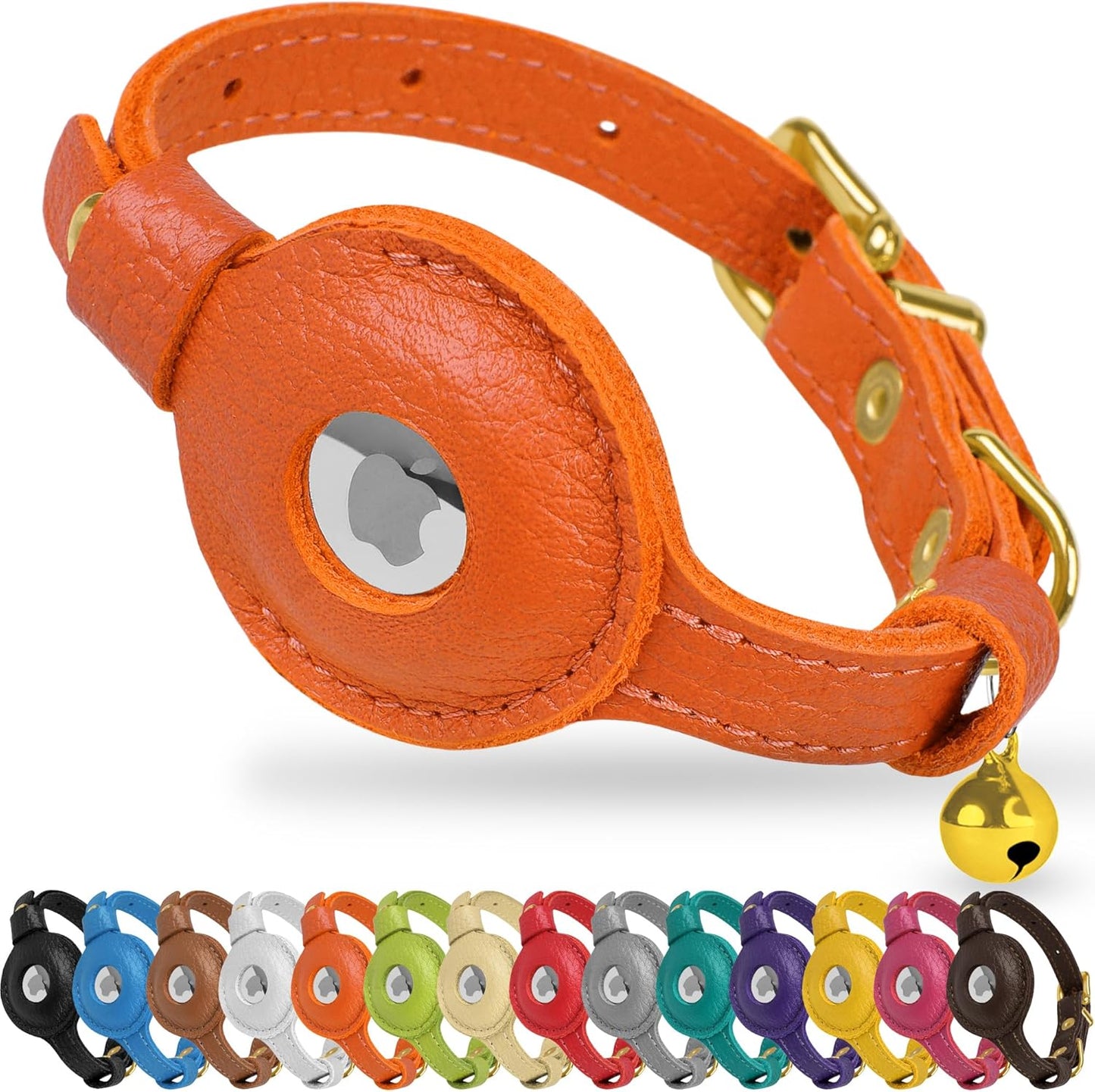 OOPSDOGGY Leather AirTag Cat Collar with Bell - Non Breakaway Kitten Collar with Apple Air Tag Holder - Lightweight GPS Pet Collars for Girl Boy Cats, Small Dogs, Puppies (Orange)